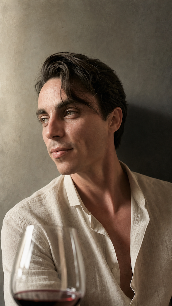 Portrait de Thibaud Myotte, en chemise claire, un verre de vin au premier plan.